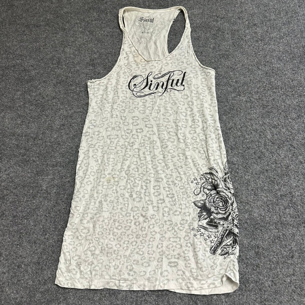 Sinful Tank Top Dress Womens Size Small White Leopard Graphic Racerback USA Made